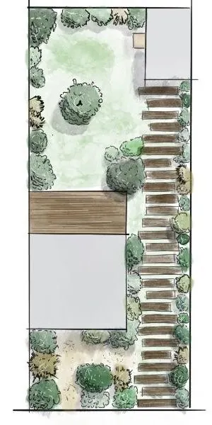 Plan dessiné du jardin d'Île-Tudy : pelouse, allée, terrasse et massifs