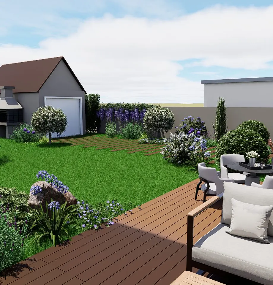 Visuel 3D final de la terrasse en bois d'Île-Tudy avec salon et massifs