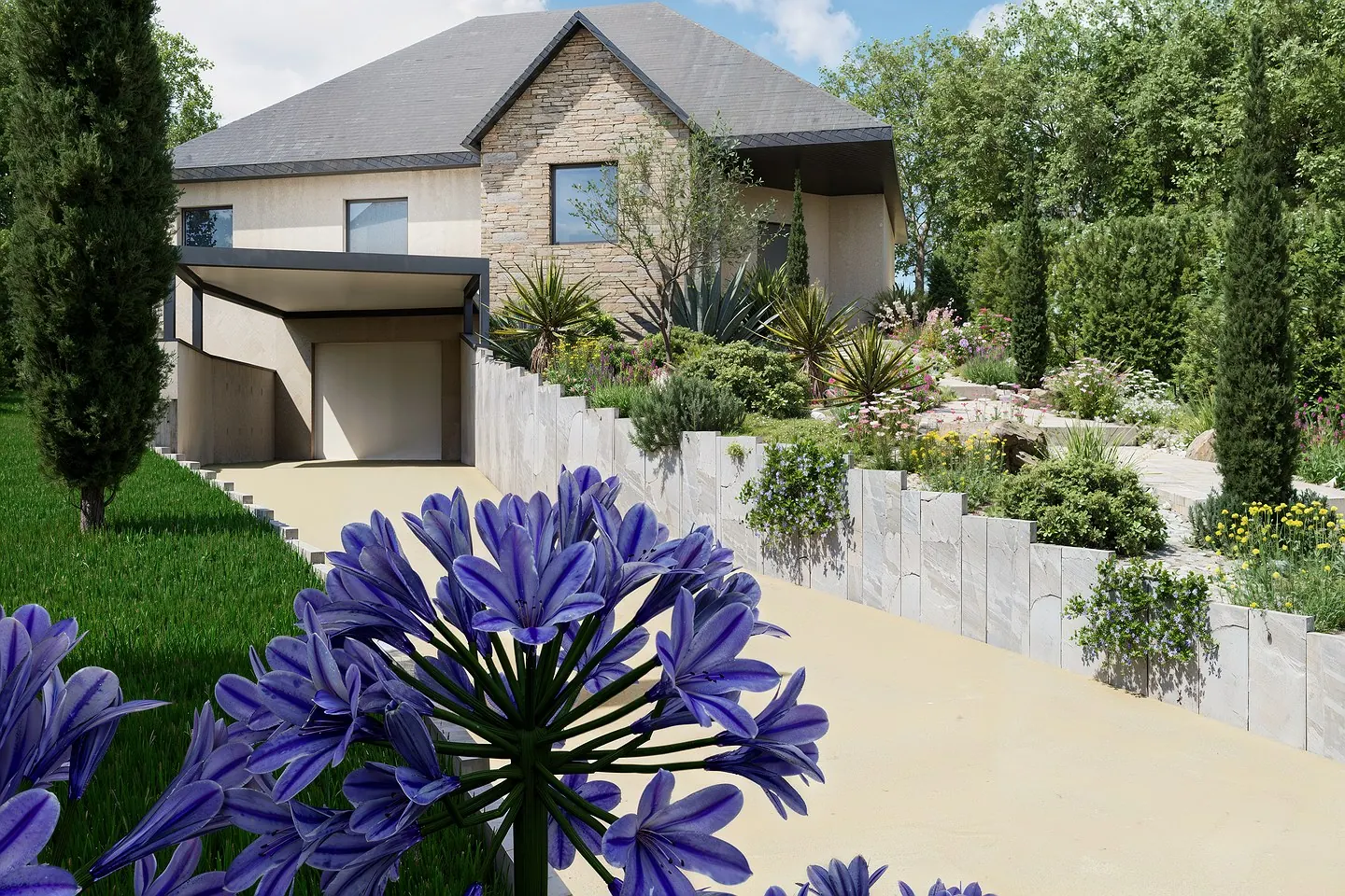 Visuel 3D d'une entrée de maison : agapanthes au premier plan, allée et carport