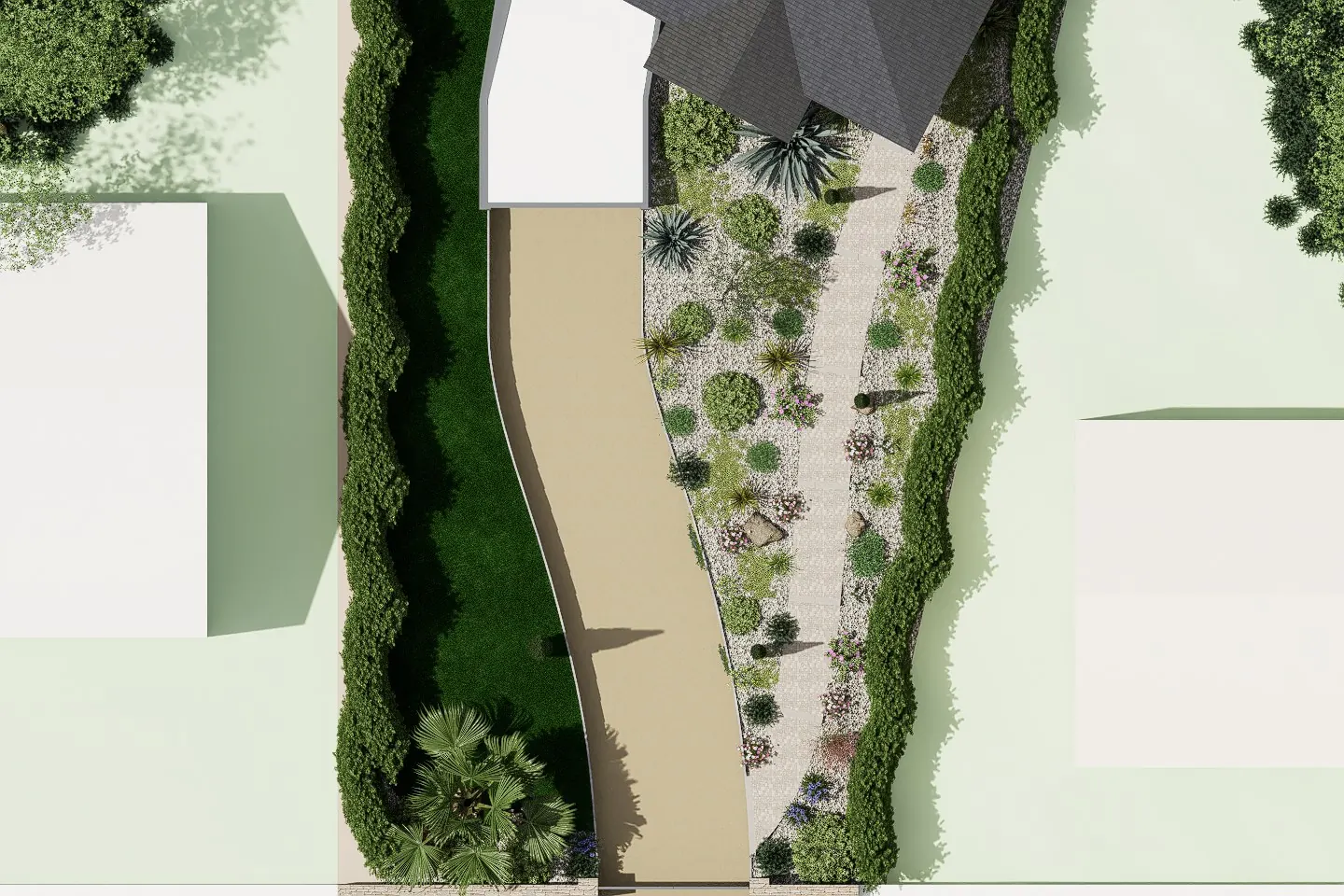 Plan 3D vu du dessus d'une entrée de maison : allée en courbe, massifs et haies