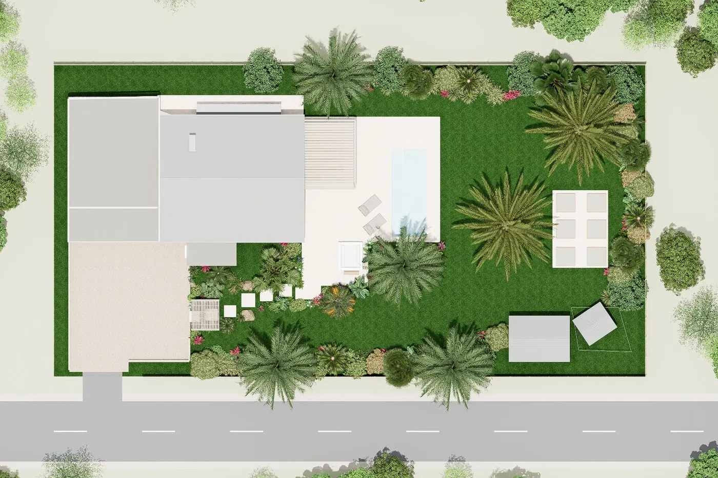 Plan masse d'un jardin tropical vu du dessus : maison, piscine, pas japonais et palmiers