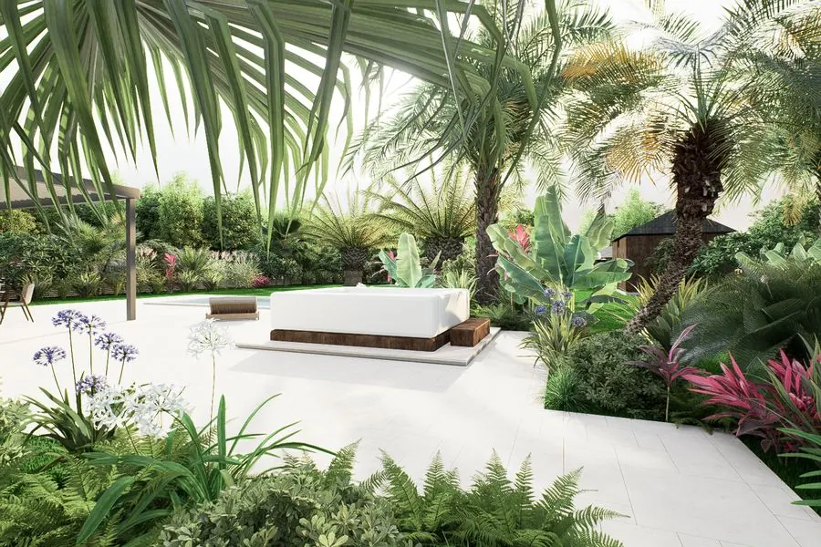 Visuel 3D d'un coin spa entouré de bananiers, agapanthes et graminées
